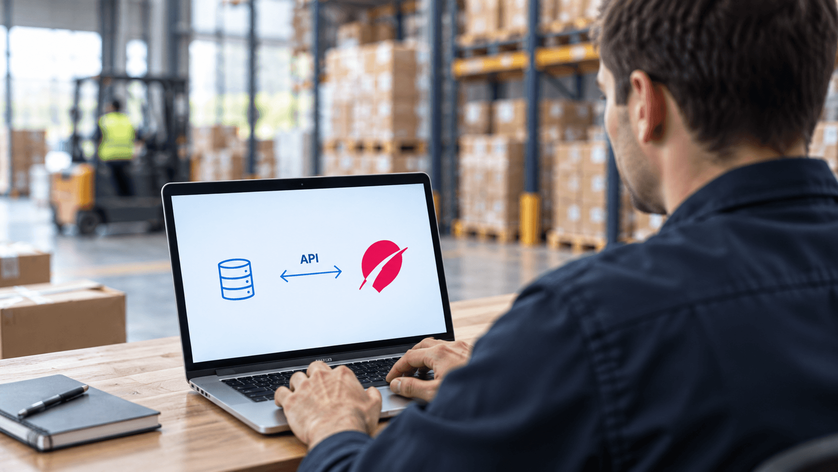 A warehouse worker using a laptop displaying an API connection between systems