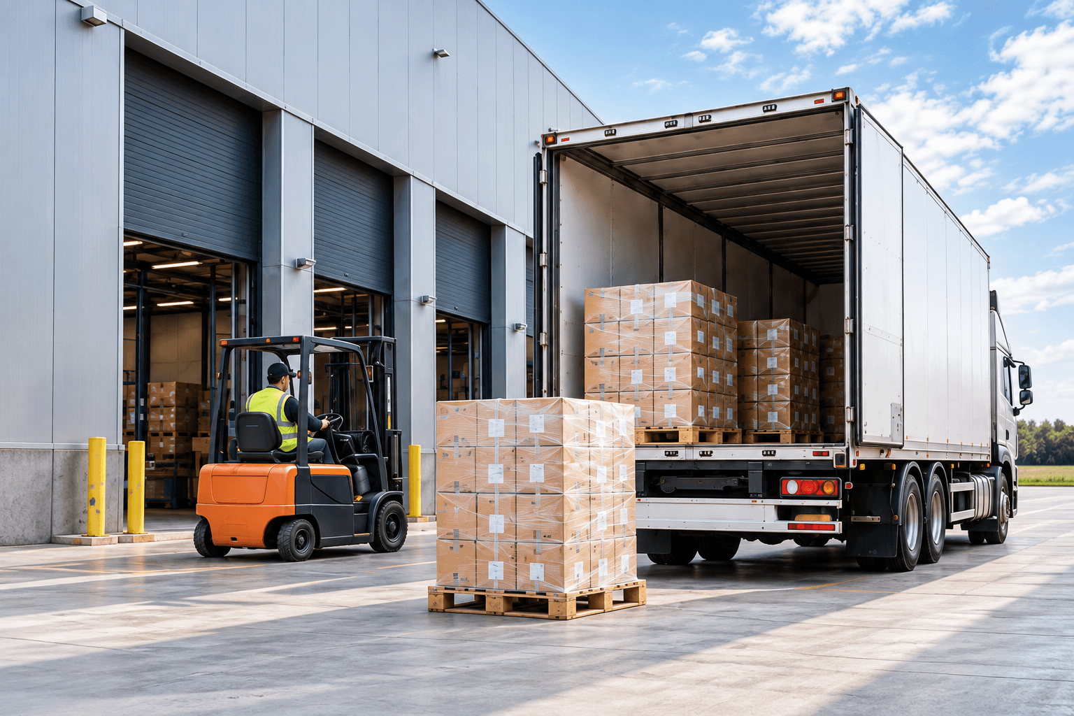 Pallets being loaded into a truck outside a warehouse
